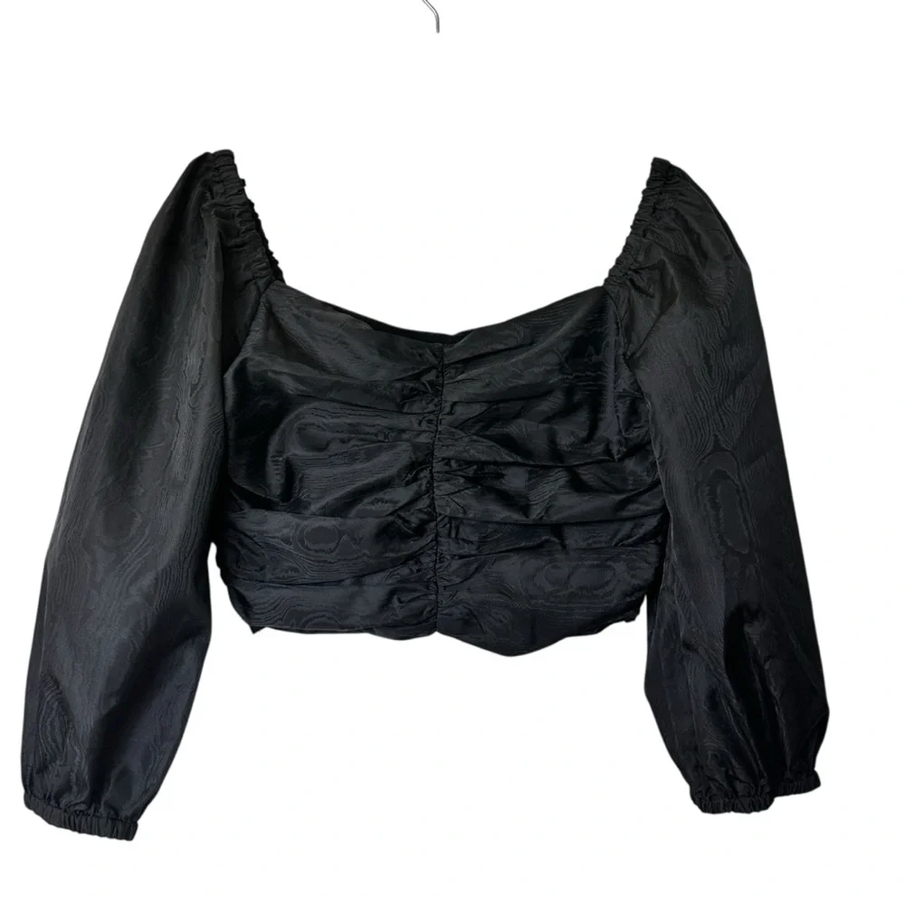NWT J. Crew blouse 10 cropped Black Ruched puff sleeves
